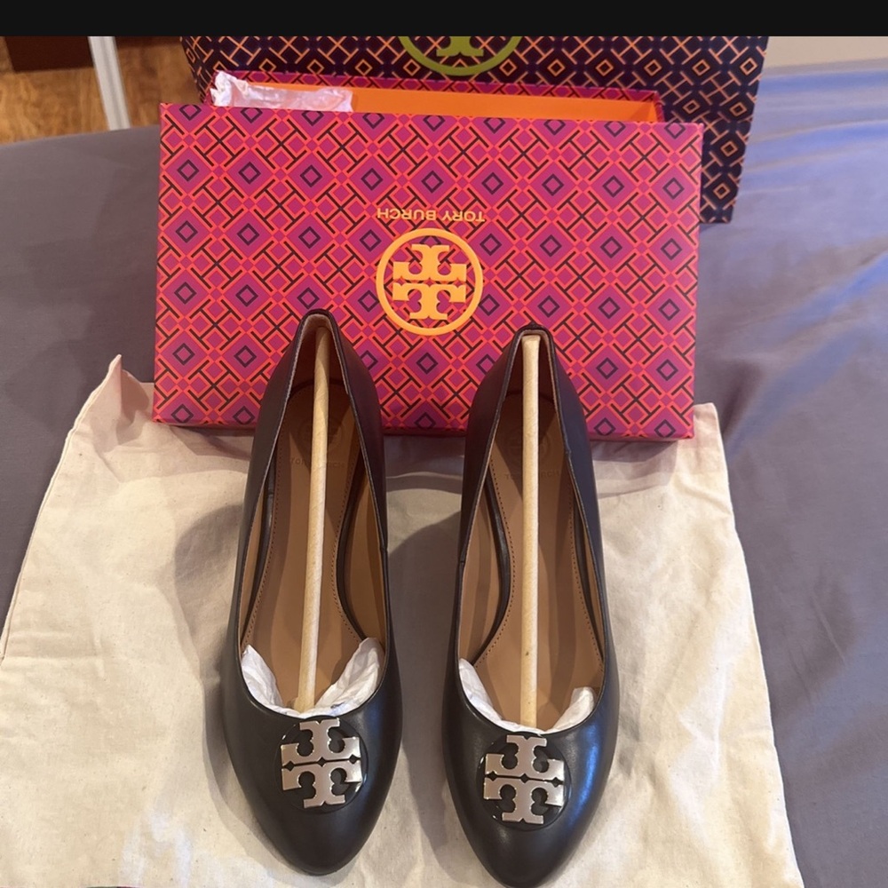 Tory Burch Black Flats with Silver Logo